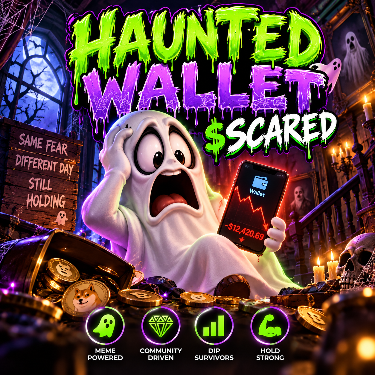 Haunted Wallet SCARED spooky ghost with a plunging crypto wallet chart